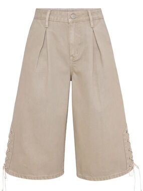 High-Rise Wide-Leg Lace-Up Bermuda Shorts in Tan